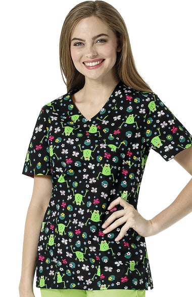 Zoe and Chloe Women's V-Neck Frog Print Scrub Top | allheart.com